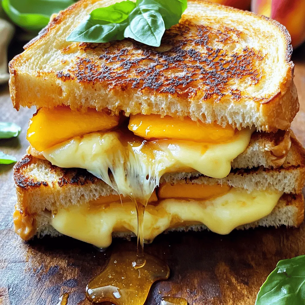 - 2 slices of sourdough bread - 1 cup white cheddar cheese, shredded - 1 medium ripe peach, thinly sliced - 2 tablespoons honey - 1 tablespoon unsalted butter