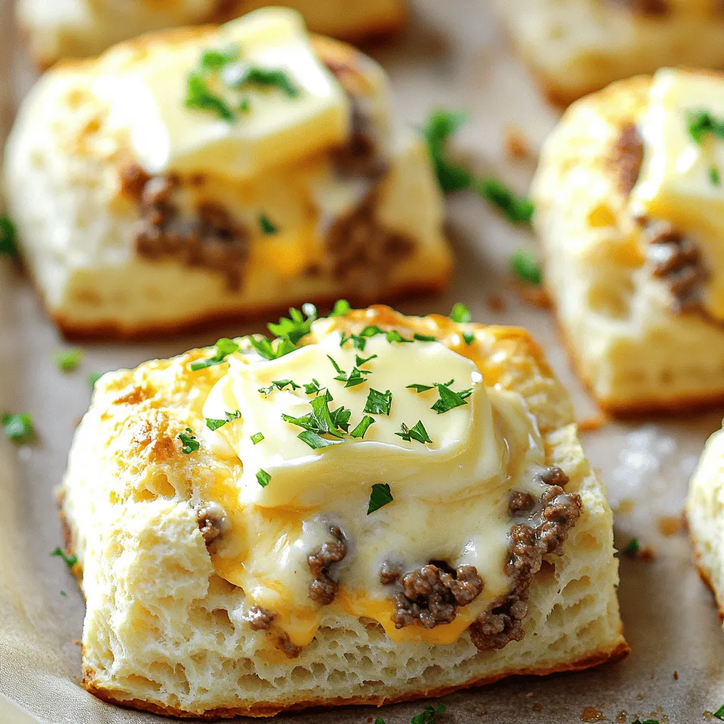 To make Beef and Cheese Butter Swim Biscuits, you need a few simple ingredients. Gather 2 cups of all-purpose flour, 1 tablespoon of baking powder, and spices like garlic and onion powder. You will also need salt, black pepper, 1 cup of shredded sharp cheddar cheese, and 1 cup of cooked, crumbled ground beef. Finally, have 1/2 cup of melted unsalted butter and 1 cup of buttermilk ready.