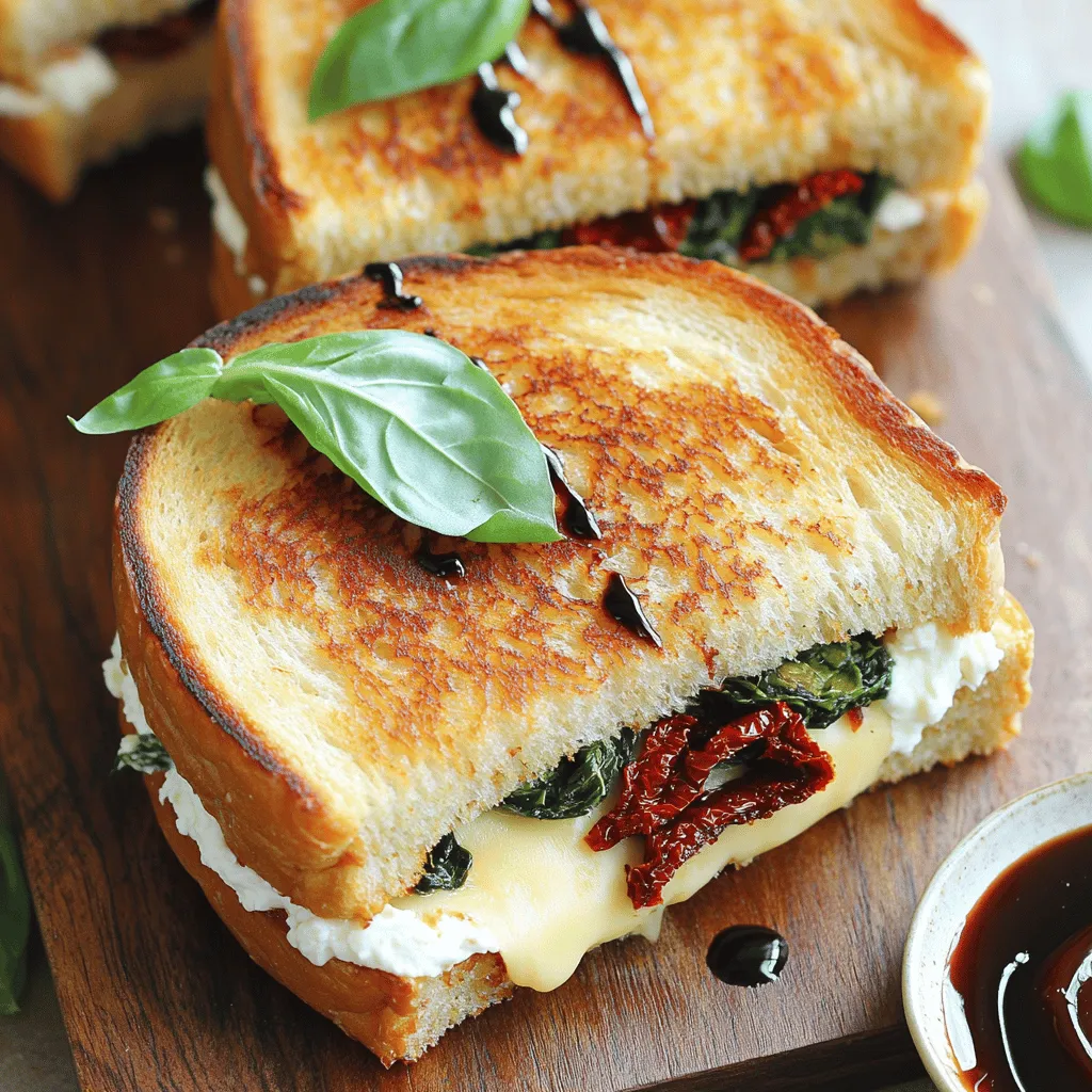 - 4 slices of artisan bread - 1 cup fresh spinach, washed and chopped - 1/2 cup ricotta cheese - 1/2 cup sun-dried tomatoes, sliced - 1 cup shredded mozzarella cheese