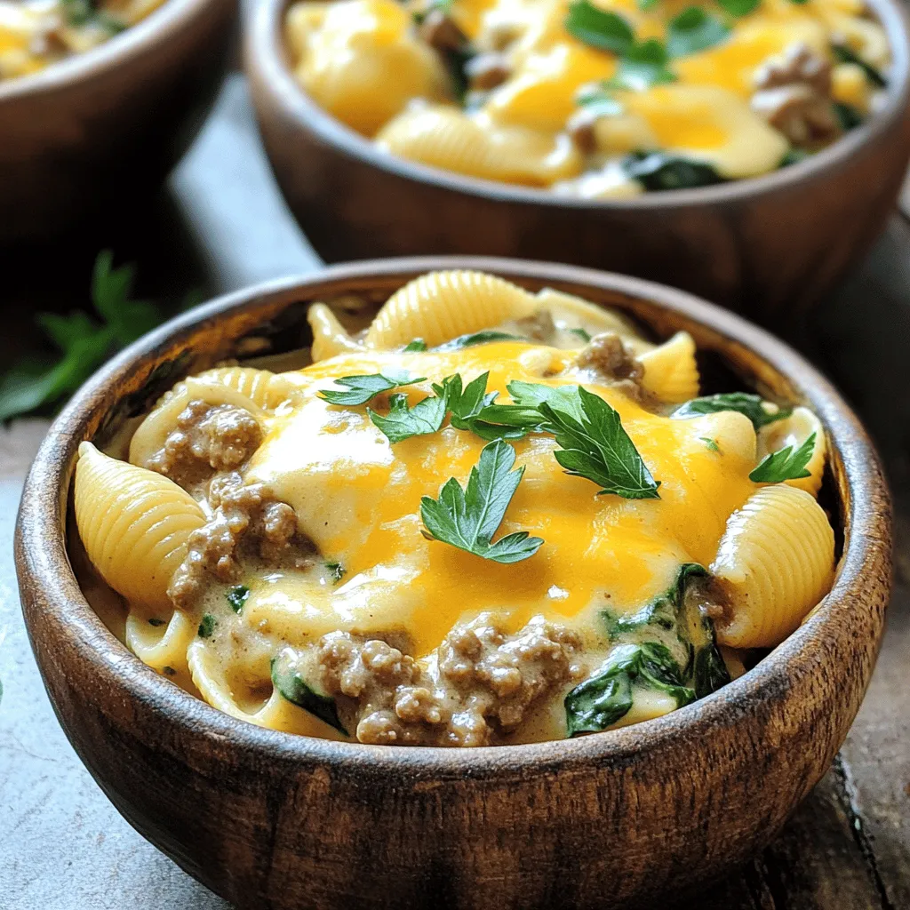 To make creamy beef and shells, you need some key ingredients. Start with 1 pound of ground beef. This meat adds a rich flavor and hearty texture. You will also need 8 ounces of medium shell pasta. This pasta holds the creamy sauce well. For the sauce, gather 1 cup of beef broth and 1 cup of heavy cream. These create a rich and silky base. Don’t forget 1 cup of shredded cheddar cheese for a cheesy touch. You’ll also need 1 cup of chopped spinach leaves for color and nutrition. Lastly, use 1 small diced onion and 3 minced cloves of garlic to build flavor.