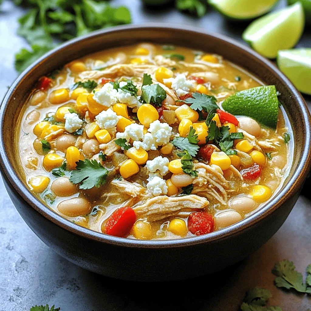 To create a flavorful Mexican Street Corn White Chicken Chili, you need some key ingredients. This recipe combines chicken, corn, and beans for a hearty meal.