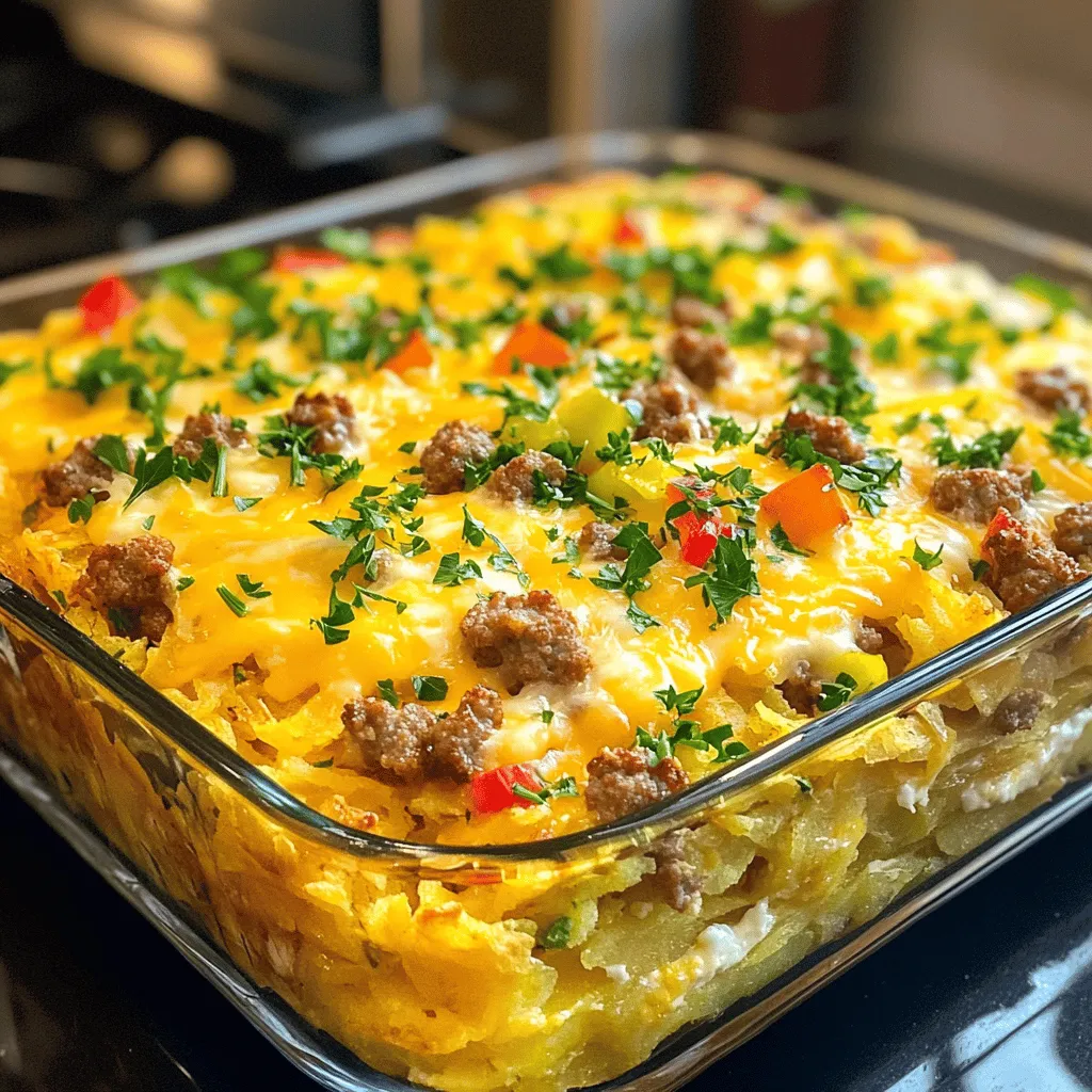 - 1 lb. breakfast sausage, crumbled - 6 large eggs - 4 cups frozen hashbrowns, thawed