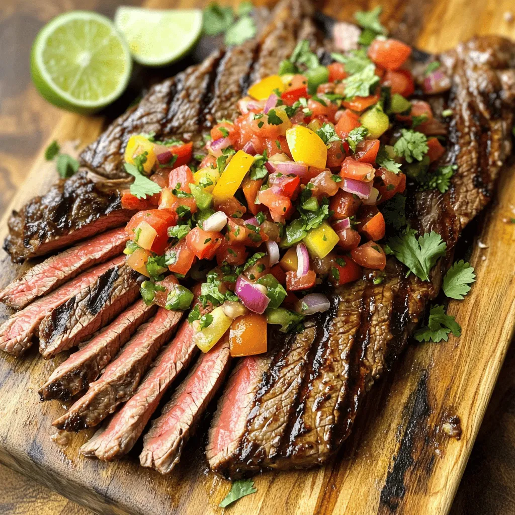 To make a great grilled flank steak, you need a few key ingredients. First, get 1.5 lbs of flank steak. This cut is juicy and full of flavor. Next, use 2 tablespoons of olive oil. This oil helps to keep the meat moist. Add 1 teaspoon of garlic powder and 1 teaspoon of smoked paprika for taste. Don’t forget salt and pepper to season well.