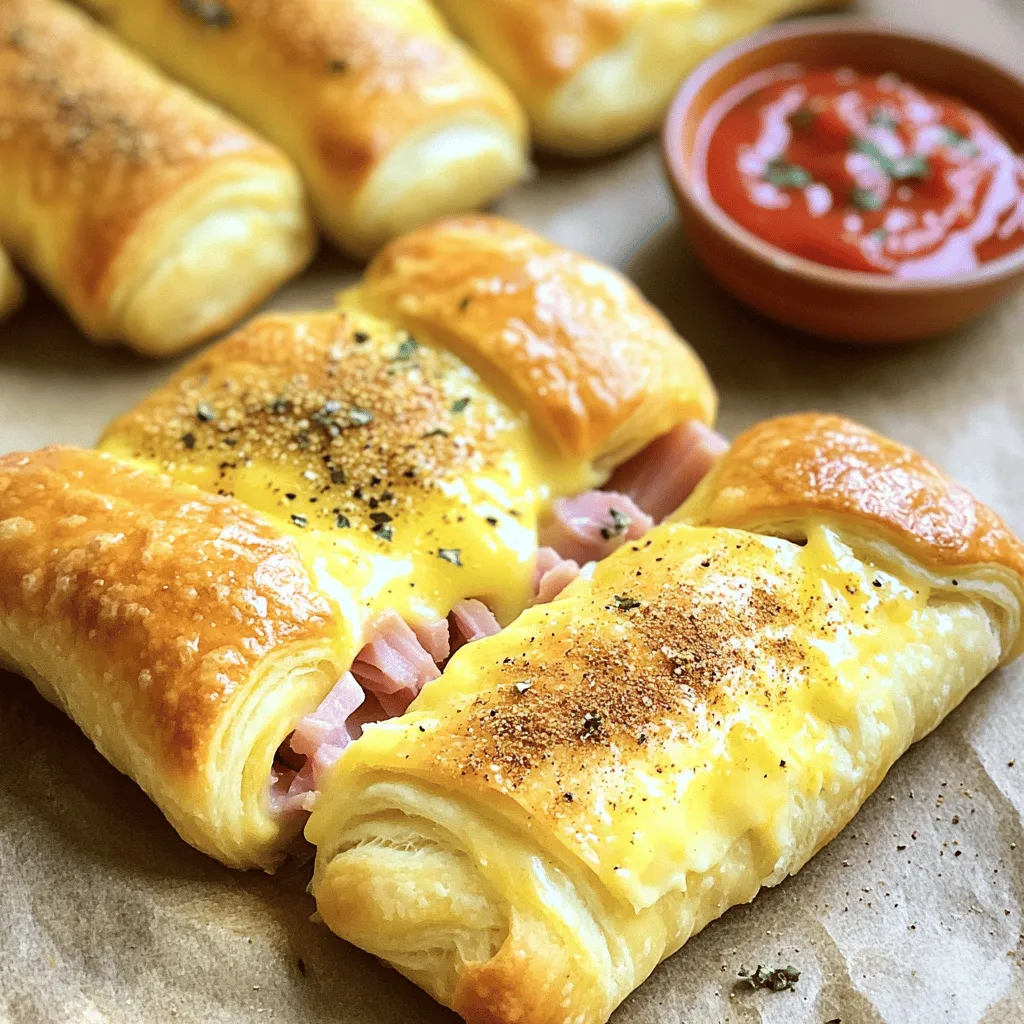 - 1 package refrigerated crescent roll dough - 8 slices of deli ham - 8 sticks of string cheese