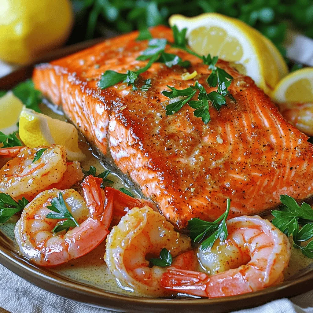 For this cajun salmon recipe, you need just a few key items. You will need two salmon fillets, about six ounces each. Then, grab eight ounces of shrimp, peeled and deveined. Cajun seasoning adds the spice, while olive oil helps with cooking. Unsalted butter gives richness, and garlic adds flavor. Finally, a lemon provides tang, and fresh parsley offers a pop of color.