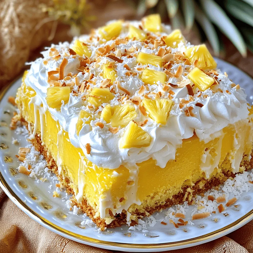 - 1 box yellow cake mix - 1 cup water (or as directed on box) - 3 large eggs (or as directed on box) - 1/2 cup vegetable oil - 1 (14 oz) can of sweetened condensed milk - 1 cup coconut milk - 1/2 cup shredded coconut - 1/2 cup crushed pineapple (drained) - 1 cup whipped topping (like Cool Whip) - 1/4 cup toasted coconut flakes for garnish - Fresh pineapple slices for decoration