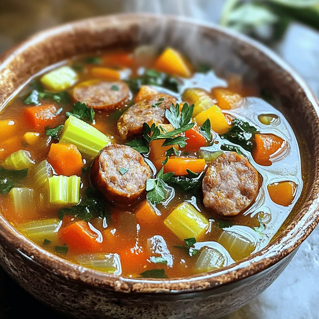 To make a tasty sausage soup, you need some key ingredients. First, choose your sausage. I like Italian sausage, either mild or spicy. This adds a rich flavor to your soup.