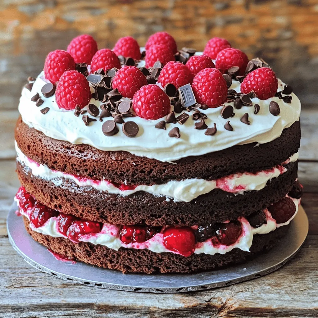 To make a chocolate raspberry cake, you need a few basic ingredients. The key components are flour, cocoa powder, baking powder, baking soda, salt, sugar, eggs, buttermilk, vegetable oil, and vanilla extract. These items create a moist chocolate cake that is rich and flavorful.