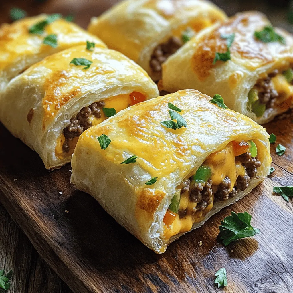 To make cheesy beefy roll-ups, you need simple and tasty ingredients. The main star is 1 pound of ground beef. It gives the roll-ups flavor and texture. The cheese blend includes 1 cup of shredded cheddar cheese and 1/2 cup of cream cheese. This mix melts well and adds creaminess.