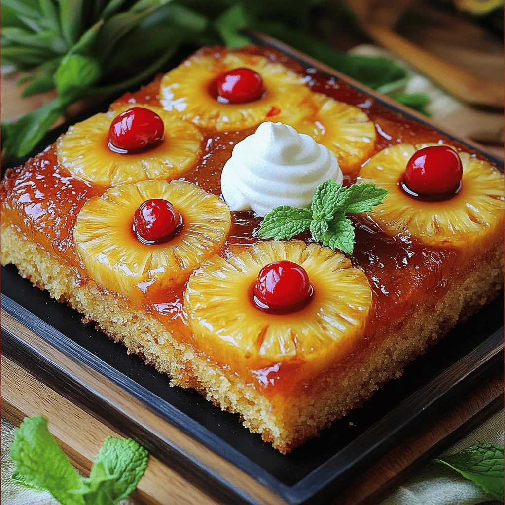 - 1 cup brown sugar - 1/4 cup unsalted butter, melted - 1 can (20 oz) sliced pineapple, drained (reserve juice) - Maraschino cherries (about 10-12) - 1 1/2 cups all-purpose flour - 1 cup granulated sugar