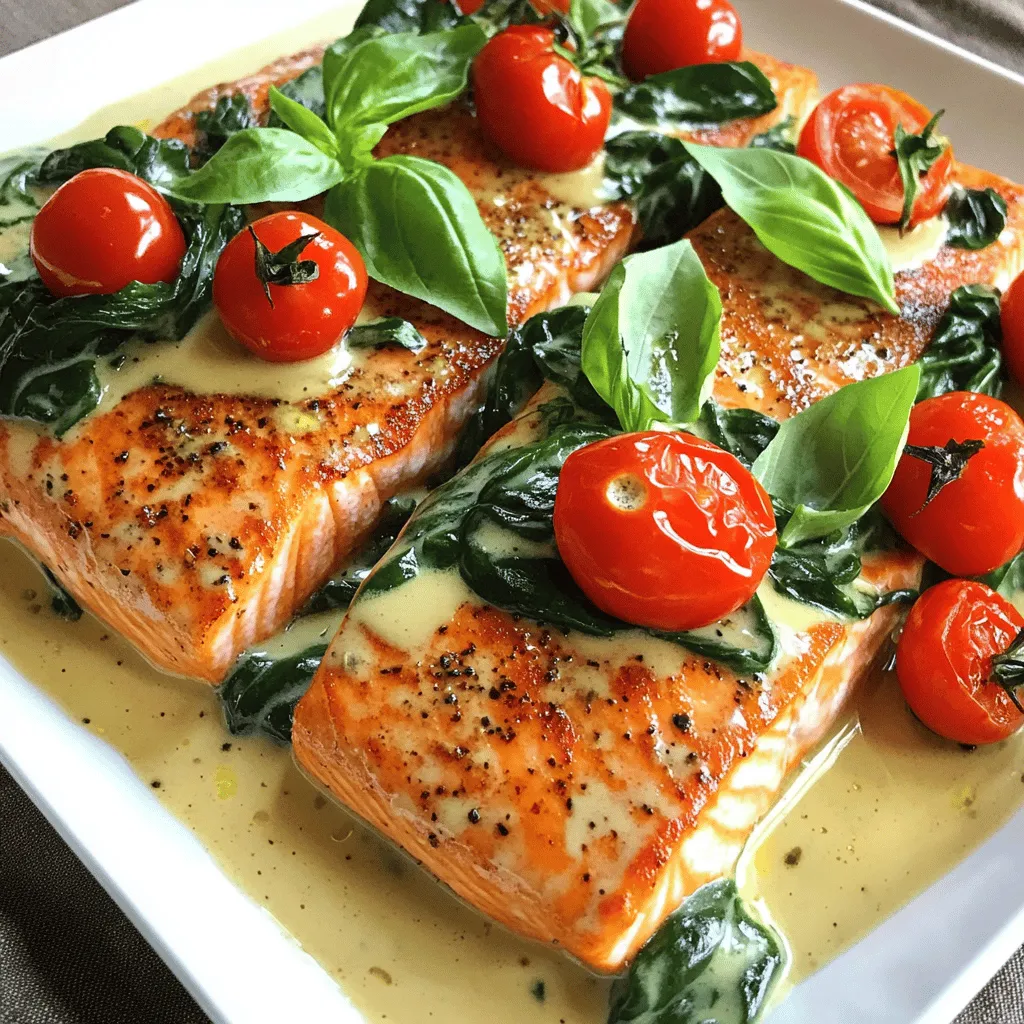 - 4 salmon fillets (about 6 oz each) - 1 tablespoon olive oil - Salt and pepper to taste - 3 cloves garlic, minced - 1 cup cherry tomatoes, halved - 1 cup spinach leaves - 1 cup heavy cream - 1 teaspoon Italian seasoning - Juice of 1 lemon - 1/2 cup grated Parmesan cheese - Fresh basil leaves for garnish