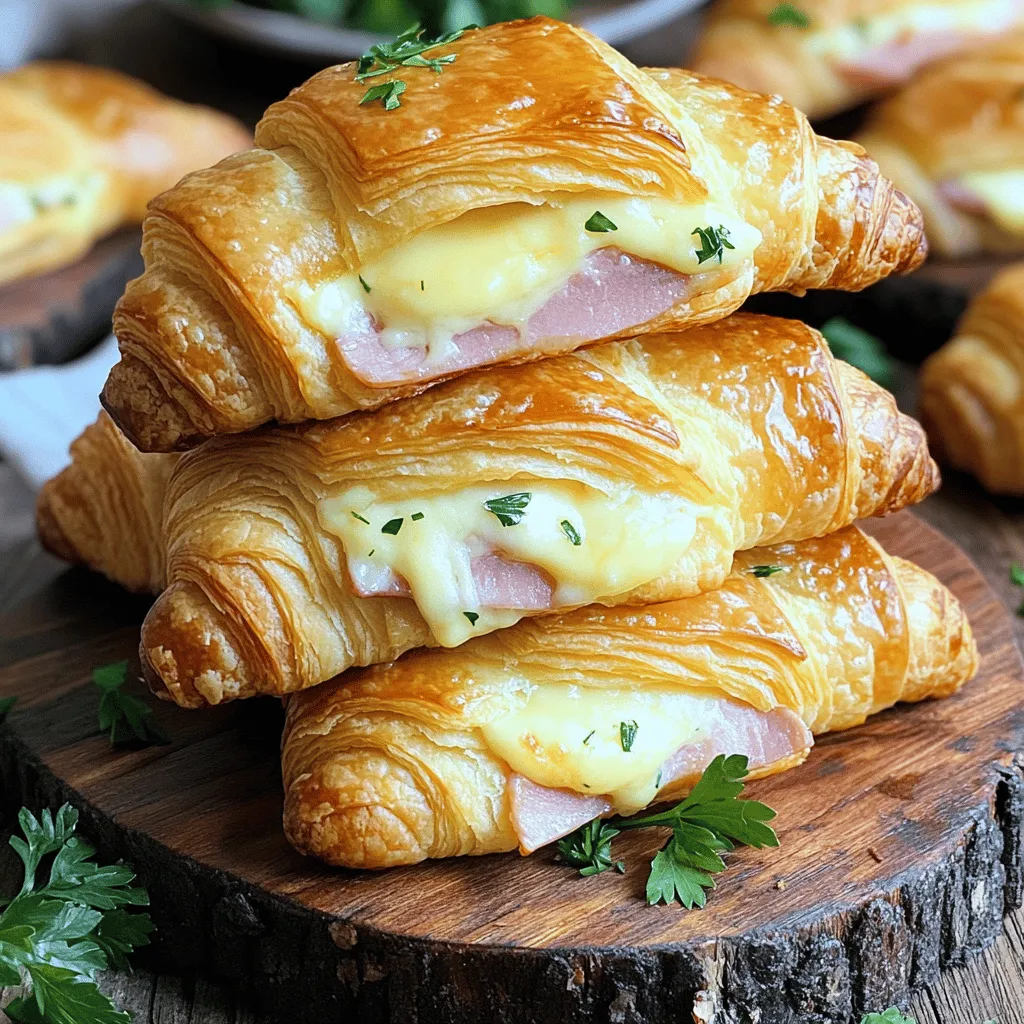 To make your baked ham and cheese croissants, gather these key items: - 1 package of refrigerated croissant dough (8-10 croissants) - 8 ounces deli ham, sliced thin - 8 ounces Swiss cheese, sliced - 1 tablespoon Dijon mustard - 2 tablespoons butter, melted - 1 teaspoon garlic powder - 1 teaspoon dried oregano - Freshly ground black pepper to taste