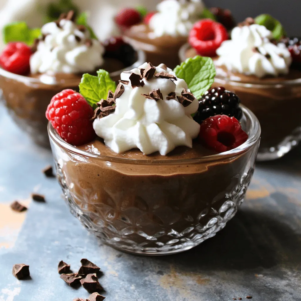 To make a rich and creamy Chocolate Avocado Mousse, gather these simple ingredients: - 2 ripe avocados, peeled and pitted - 1/2 cup unsweetened cocoa powder - 1/3 cup maple syrup (or honey) - 1/4 cup almond milk (or any plant-based milk) - 1 teaspoon vanilla extract - 1/4 teaspoon sea salt - Optional toppings: whipped coconut cream, cocoa nibs, fresh berries, mint leaves