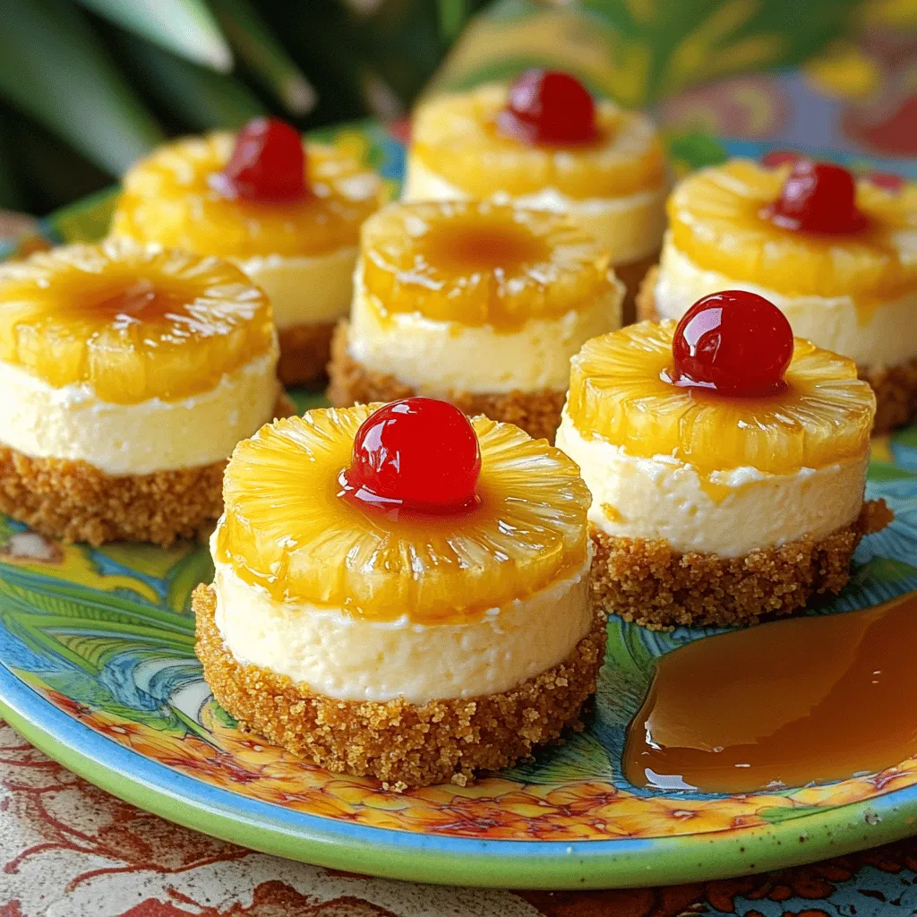 - 1 cup crushed graham crackers - 1/4 cup unsalted butter, melted - 1 (8 oz) package cream cheese, softened - 1/2 cup granulated sugar - 1 teaspoon vanilla extract - 1 cup heavy whipping cream - 1/4 cup powdered sugar - 1 can (8 oz) sliced pineapple in juice, drained - Maraschino cherries for garnish