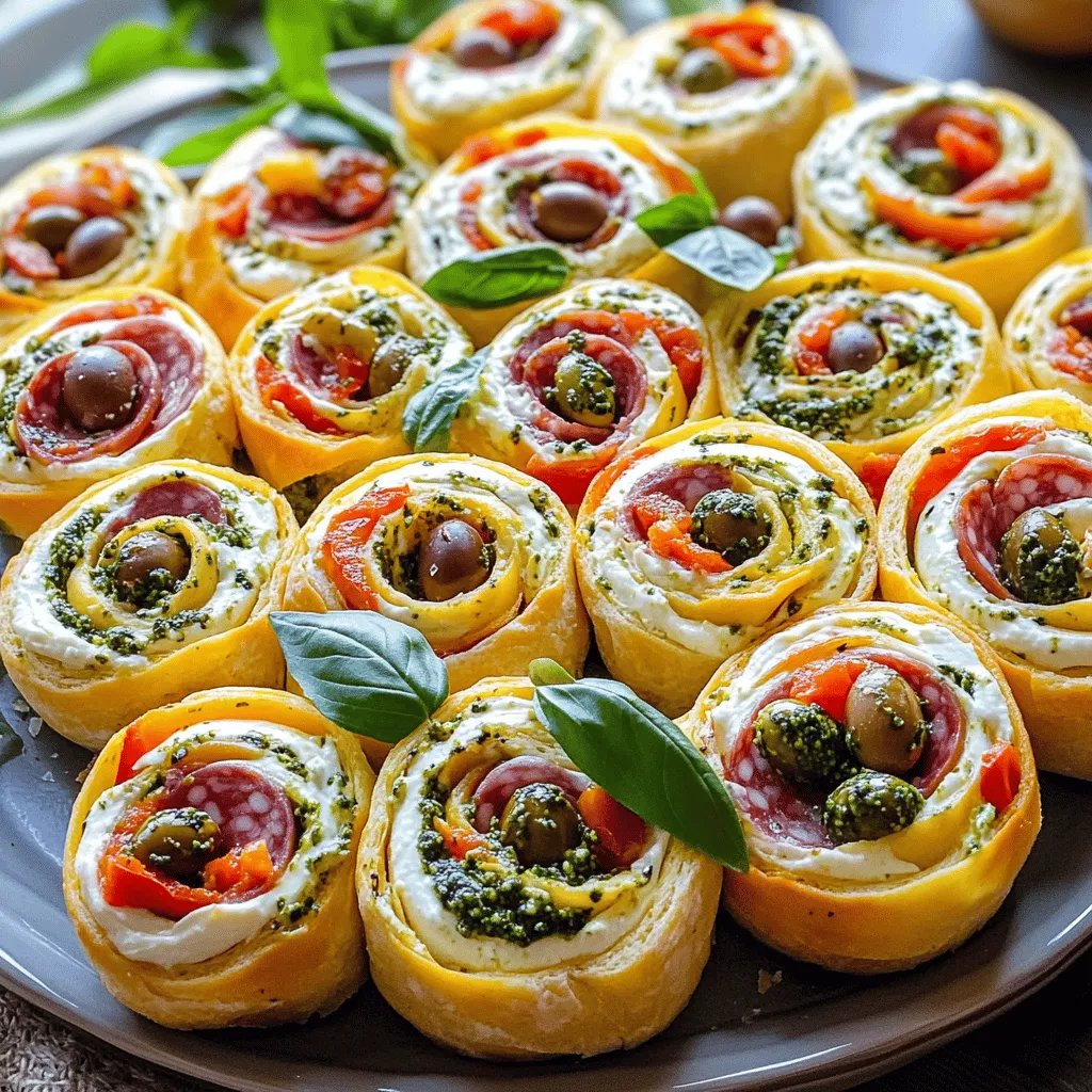 Italian pinwheels are easy, fun appetizers. They consist of a tortilla filled with tasty ingredients. These bites are rolled up and sliced into pinwheels. The bright colors and flavors attract everyone at a party.