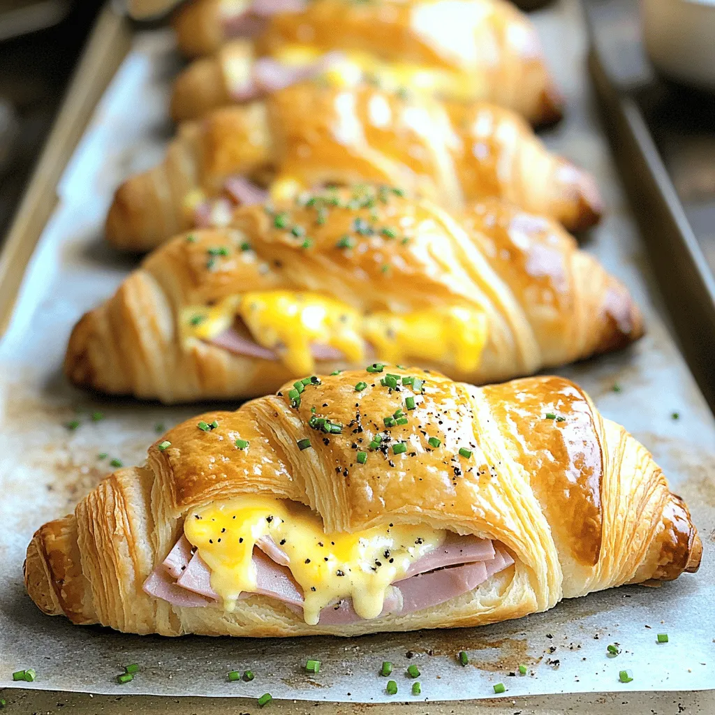- 6 buttery croissants - 6 slices of deli ham - 6 slices of Swiss cheese - 1 cup shredded Gruyère cheese - 1 tablespoon Dijon mustard - 1 tablespoon honey - 1 egg, beaten (for egg wash) - Freshly ground black pepper to taste - Fresh chives, finely chopped (for garnish)