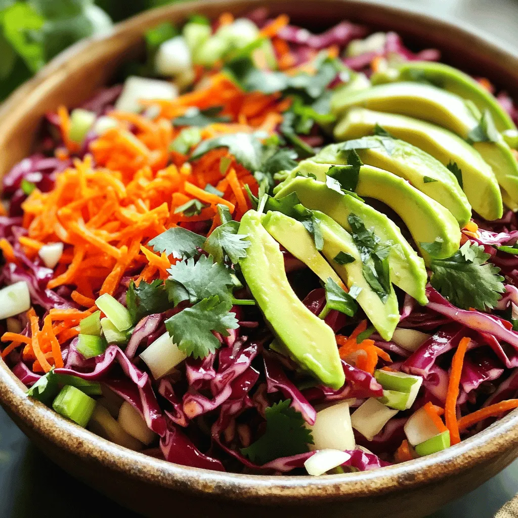 - 4 cups red cabbage, finely shredded - 1 cup carrots, grated - 1/2 cup red bell pepper, thinly sliced - 1/4 cup green onions, chopped - 1/4 cup fresh cilantro, chopped