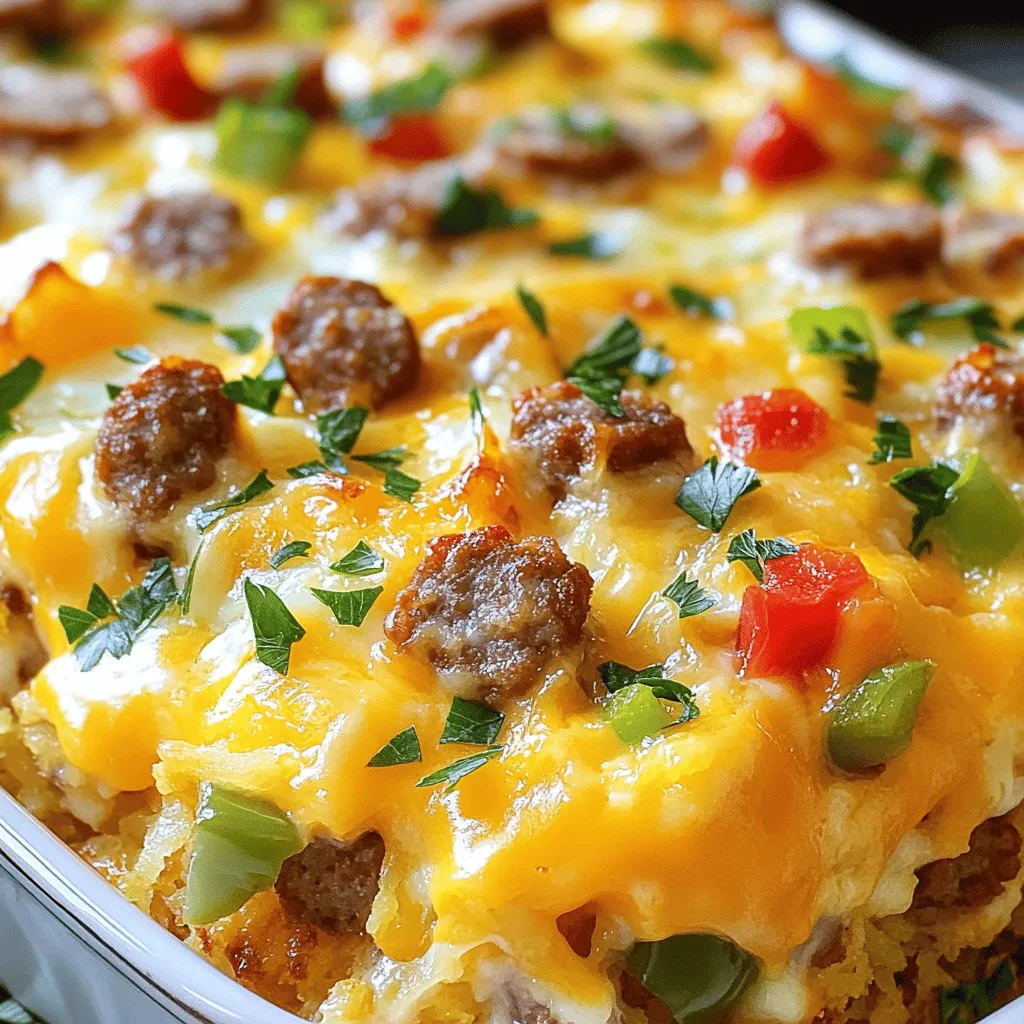 - 8 large eggs - 1 cup milk - 1 pound breakfast sausage, cooked and crumbled - 2 cups hash browns, thawed (fresh or frozen) - 1 cup shredded cheddar cheese - 1/2 cup diced bell peppers (red and green) - 1/2 teaspoon garlic powder - 1/2 teaspoon onion powder - Salt and pepper to taste - Fresh parsley for garnish (optional)