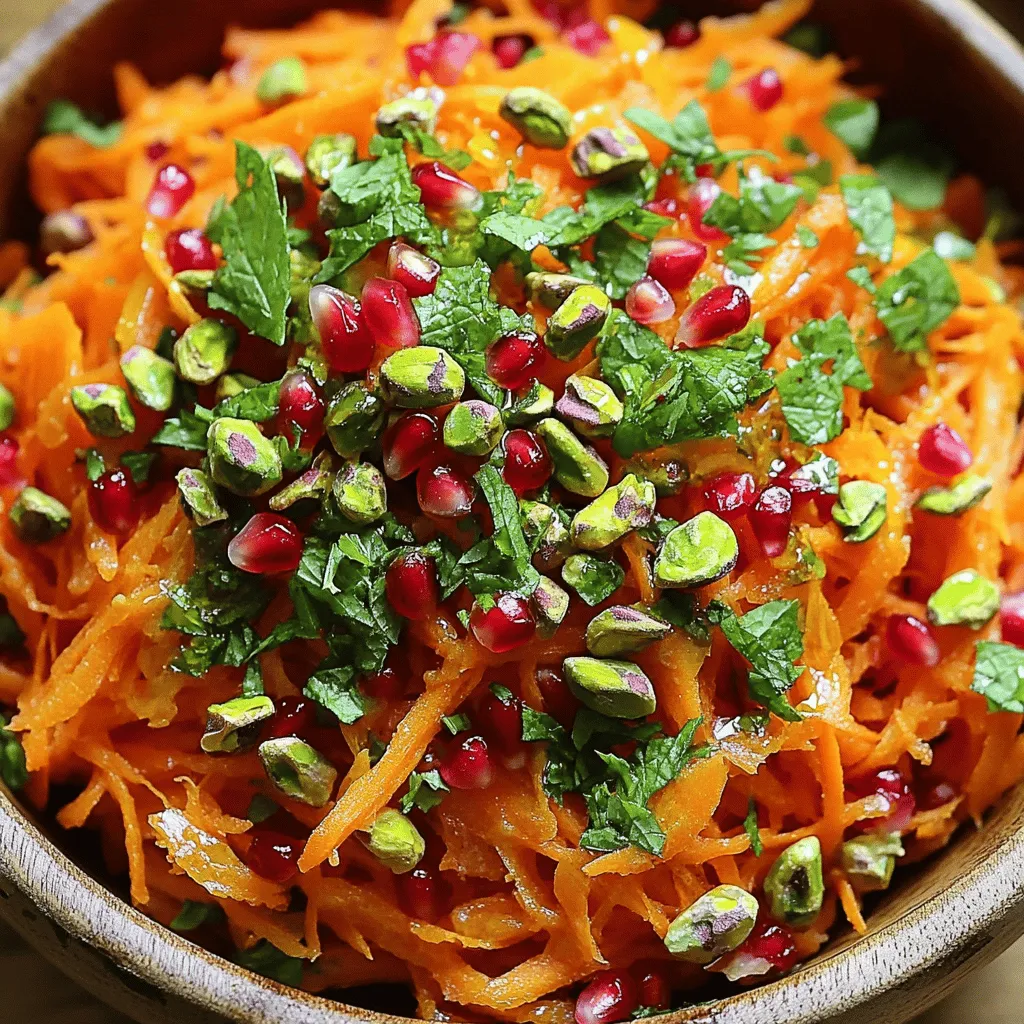 - 4 large carrots, grated - 1/2 cup pistachios, shelled and roughly chopped - 1/2 cup pomegranate seeds - 1/4 cup fresh mint leaves, finely chopped