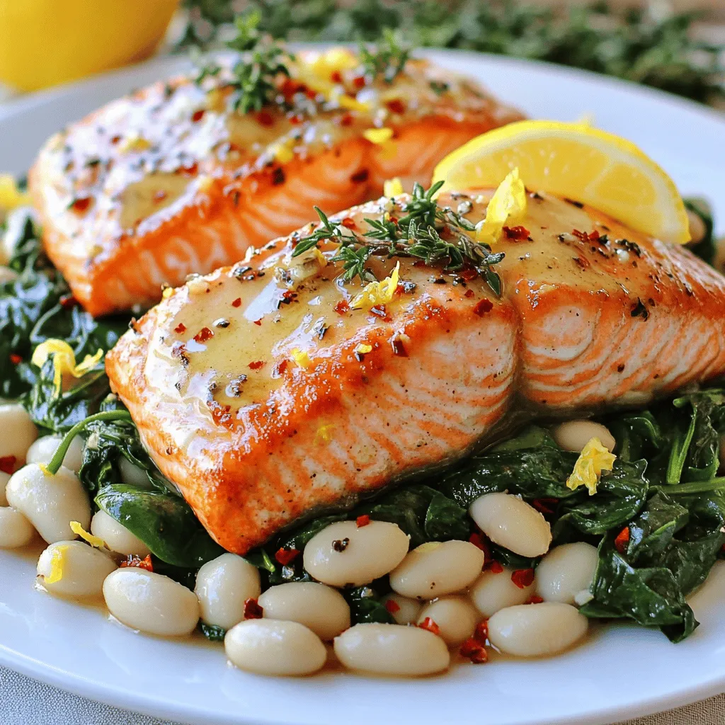 Garlic Butter Salmon and Lemon White Beans make a tasty meal. This dish uses fresh ingredients for big flavor.
