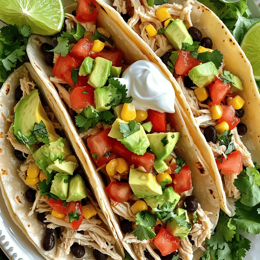 To make slow cooker chicken tacos, gather simple ingredients. You will need chicken breasts, chicken broth, black beans, corn, taco seasoning, onion, bell pepper, garlic, and olive oil. Don’t forget your tortillas and favorite toppings. These include avocado, tomatoes, lettuce, sour cream, cheese, cilantro, and lime wedges.