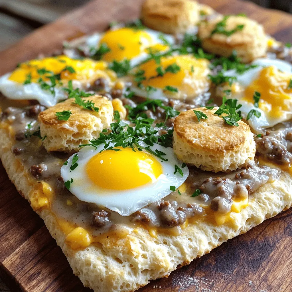 The main ingredients for this easy breakfast pizza are simple yet tasty. You need homemade biscuit dough, breakfast sausage, eggs, cheese, and gravy. Each plays a key role in making the dish flavorful.