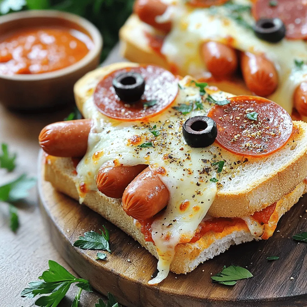 - Hot dog sausages - Pizza bread or thick sliced bread - Pizza sauce - Shredded mozzarella cheese - Pepperoni slices