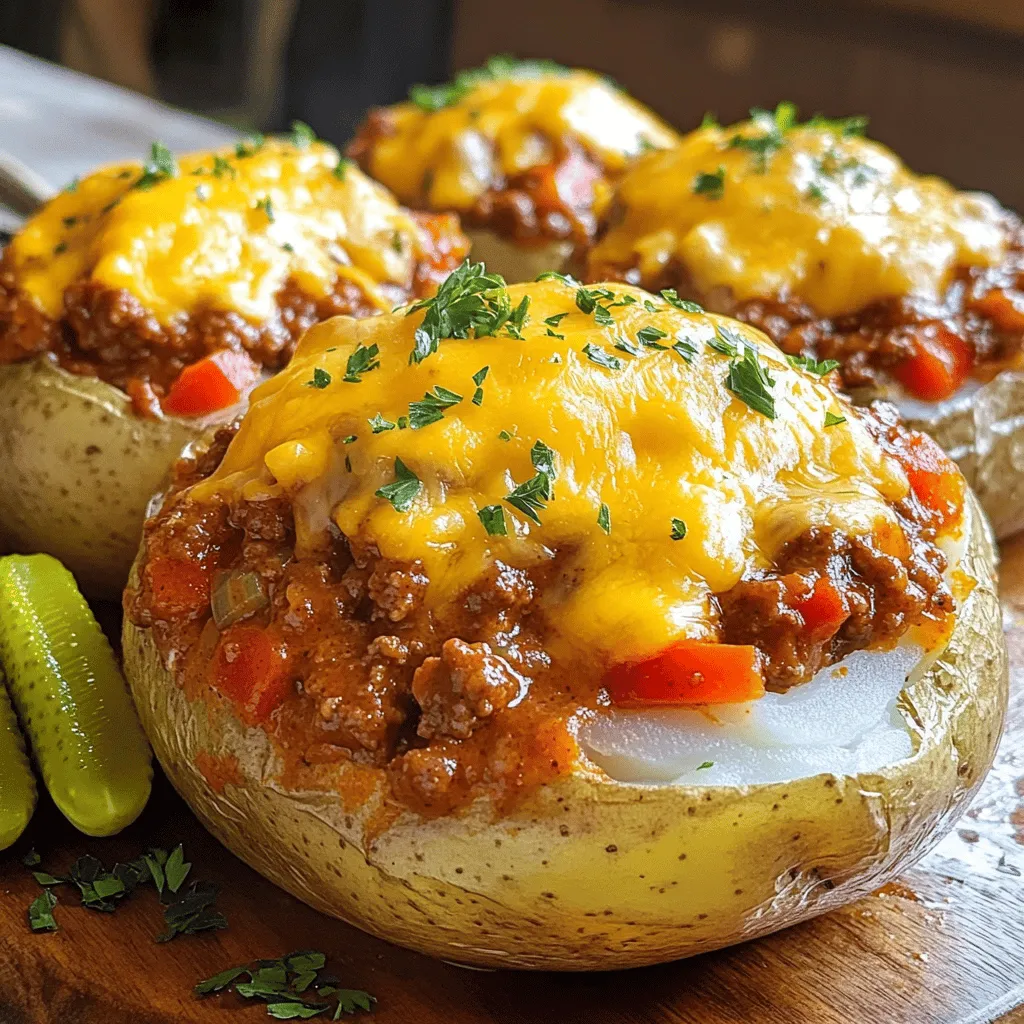 To make Sloppy Joe baked potatoes, you will need simple, tasty ingredients. The first key ingredient is ground beef or turkey. This meat forms the base of your Sloppy Joe filling. You will want about one pound. Next, use one small onion, finely chopped, and one red bell pepper, diced. These add flavor and texture.