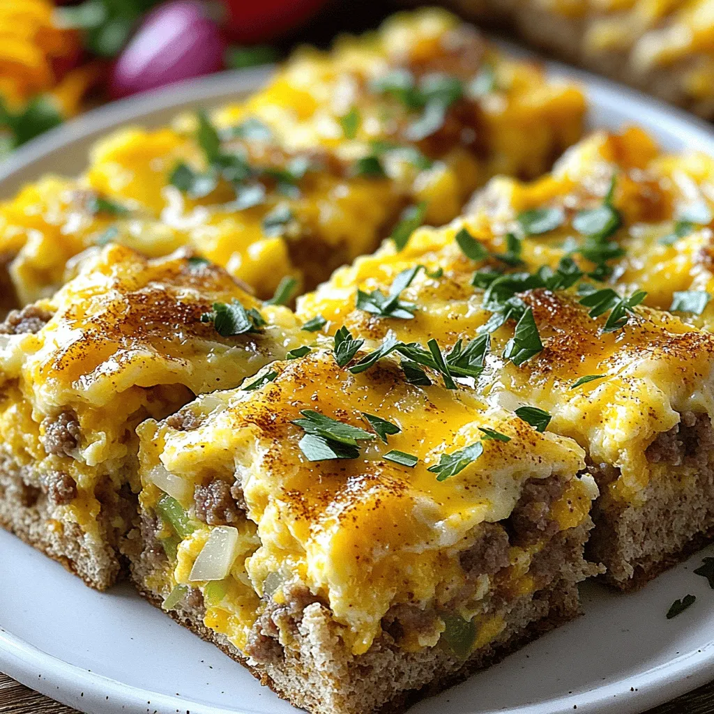 - 1 pound breakfast sausage, crumbled - 1 medium onion, diced - 1 bell pepper, diced - 8 large eggs - 2 cups milk