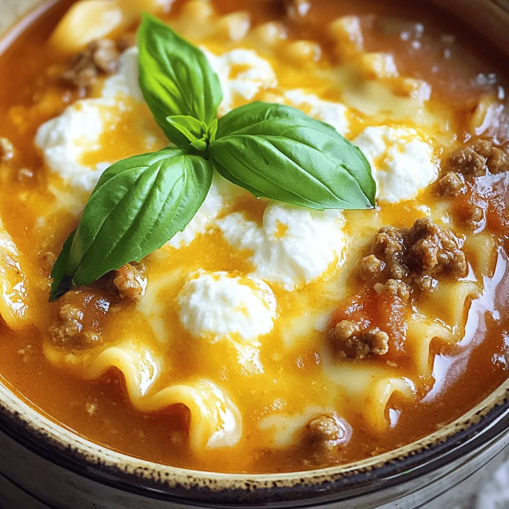 To make a great cheesy lasagna soup, you need a few key ingredients. First, you need 1 pound of ground beef or Italian sausage. This adds depth and richness. Next, grab 1 medium onion and 4 cloves of minced garlic. These build a strong base for flavor. You will also need a 28 oz can of crushed tomatoes. This gives the soup its hearty texture.