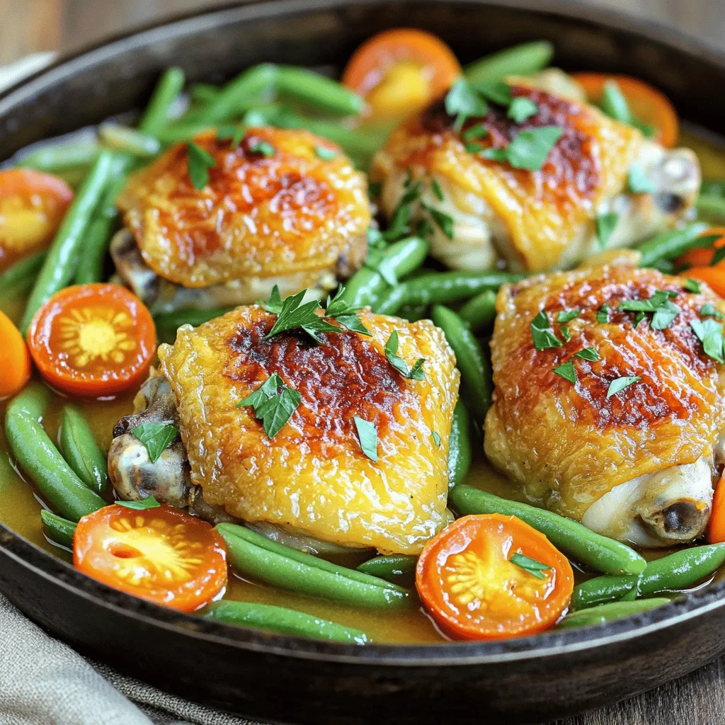 For a country skillet chicken recipe, you need a few key ingredients. Start with 4 bone-in, skin-on chicken thighs. They provide great flavor and moisture. You will also need olive oil, yellow onion, garlic, carrots, green beans, and cherry tomatoes. These fresh vegetables add color and taste to your dish.