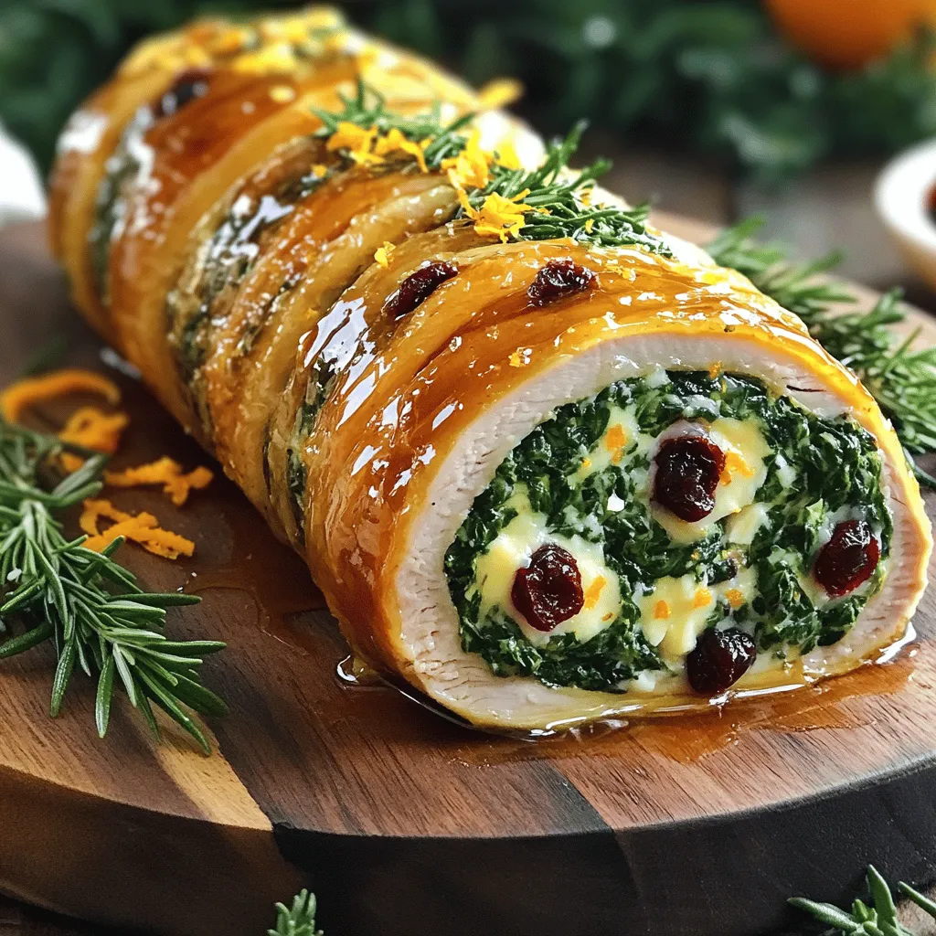 - 2 pounds of turkey breast, skinless and boneless - 1 cup fresh spinach, chopped - 1/2 cup cream cheese, softened - 1/2 cup dried cranberries, chopped - Zest of 1 orange