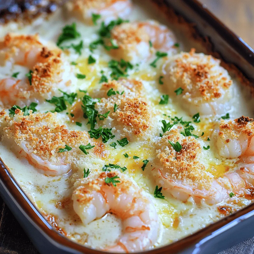 What are the essential ingredients for this recipe? To make a tasty garlic shrimp gratin, you need simple ingredients. Start with 1 pound of large shrimp that are peeled and deveined. The shrimp should be fresh or properly thawed if frozen. You’ll also need 4 cloves of minced garlic for that strong flavor. Heavy cream adds richness, so use 1 cup. For a cheesy taste, use 1 cup of grated Gruyère cheese. You’ll want ½ cup of breadcrumbs, preferably panko, for a crunchy topping. Add 2 tablespoons of unsalted butter to sauté the garlic. You’ll need 1 tablespoon of chopped fresh parsley and 1 tablespoon of fresh lemon juice for brightness. Don’t forget salt and pepper to taste, and a pinch of red pepper flakes if you like some heat.