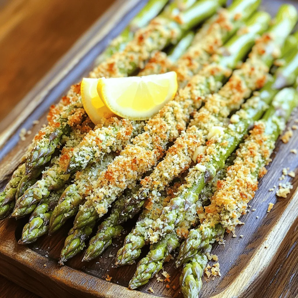 To make Crispy Asparagus Asiago Spears, you will need: - 1 pound fresh asparagus, trimmed - 1 cup panko breadcrumbs - 1/2 cup grated Asiago cheese - 1/4 cup all-purpose flour - 2 large eggs, beaten - 1 teaspoon garlic powder - 1 teaspoon lemon zest - Salt and pepper to taste - 1/2 teaspoon red pepper flakes (optional for a kick) - Olive oil spray
