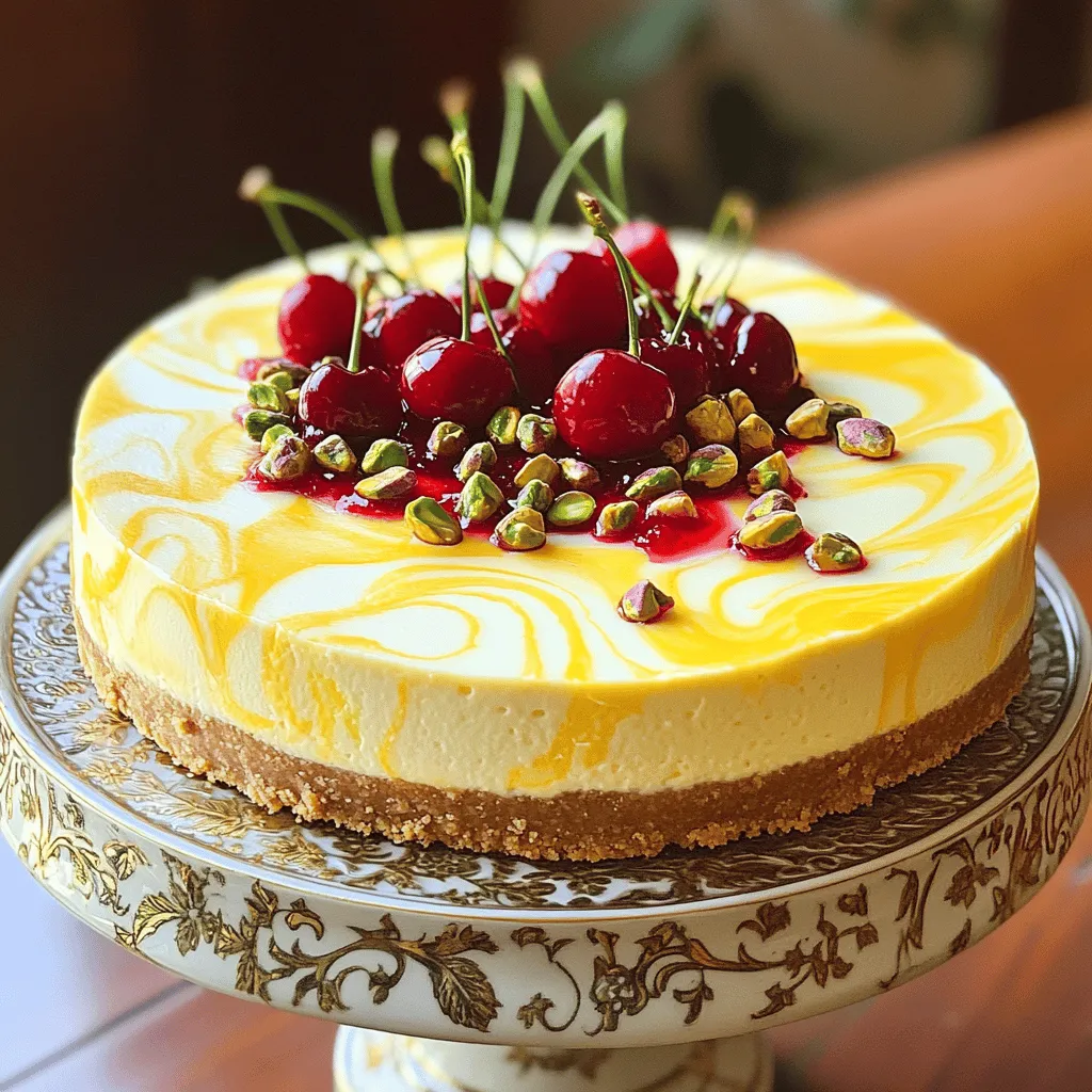 To make the Lemon-Lime Cherry Pistachio Cheesecake, gather these ingredients: - 1 1/2 cups graham cracker crumbs - 1/2 cup unsalted butter, melted - 2 tablespoons sugar - 16 oz cream cheese, softened - 1 cup granulated sugar - 1 teaspoon vanilla extract - 3 large eggs - Zest of 1 lemon - Zest of 1 lime - 1/4 cup fresh lemon juice - 1/4 cup fresh lime juice - 1 cup cherry preserves - 1/2 cup roasted pistachios, chopped (plus extra for garnish)