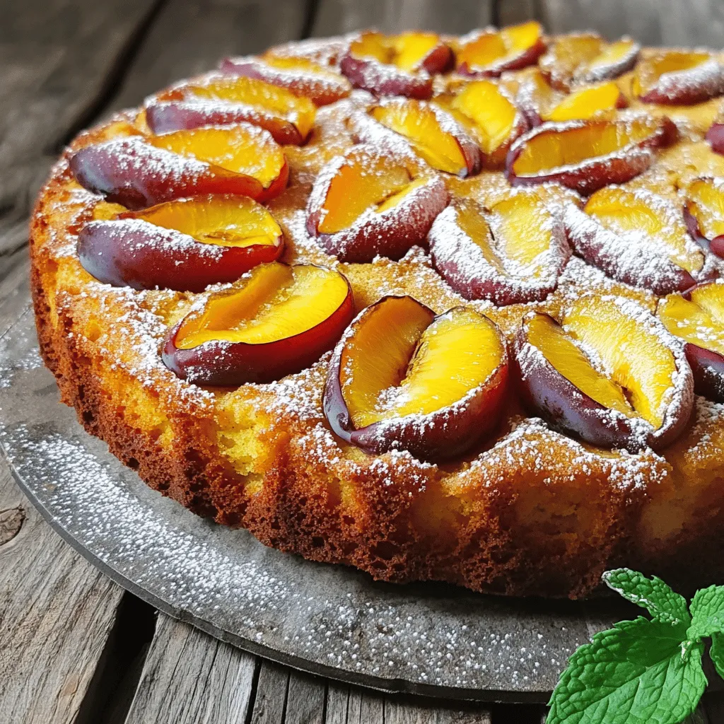 - 3 cups ripe plums, pitted and halved - 1 cup granulated sugar - 1/2 cup unsalted butter, softened - 2 large eggs - 1 teaspoon vanilla extract - 2 cups all-purpose flour - 1 teaspoon baking powder - 1/2 teaspoon baking soda - 1/4 teaspoon salt - 1/2 teaspoon ground cinnamon - 1/2 cup milk - Optional: Powdered sugar for dusting