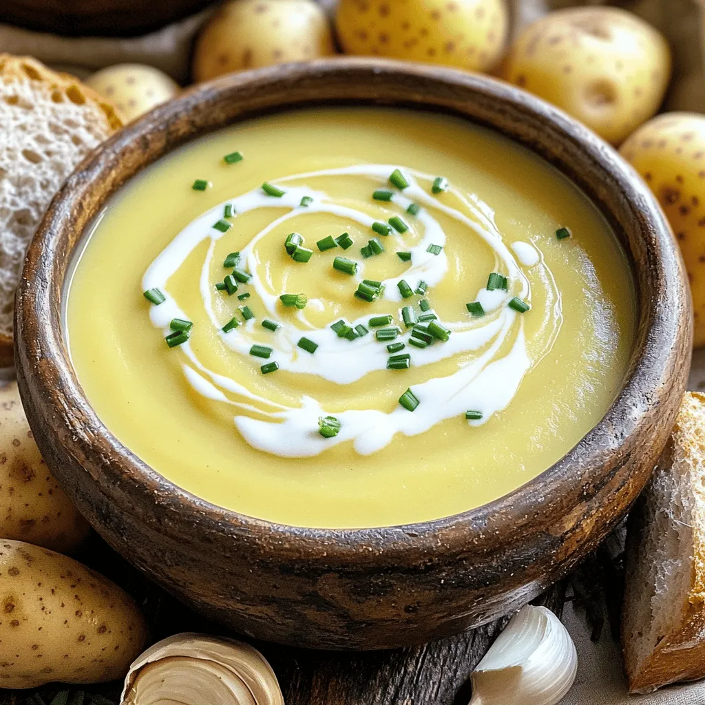 The potato garlic soup recipe shines thanks to its simple, fresh ingredients. To make it, you need four large russet potatoes, one medium onion, and six cloves of garlic. You also need four cups of vegetable broth and one cup of heavy cream. Olive oil, dried thyme, a bay leaf, and salt and pepper round out the list. Fresh chives add a pop of color for garnish.