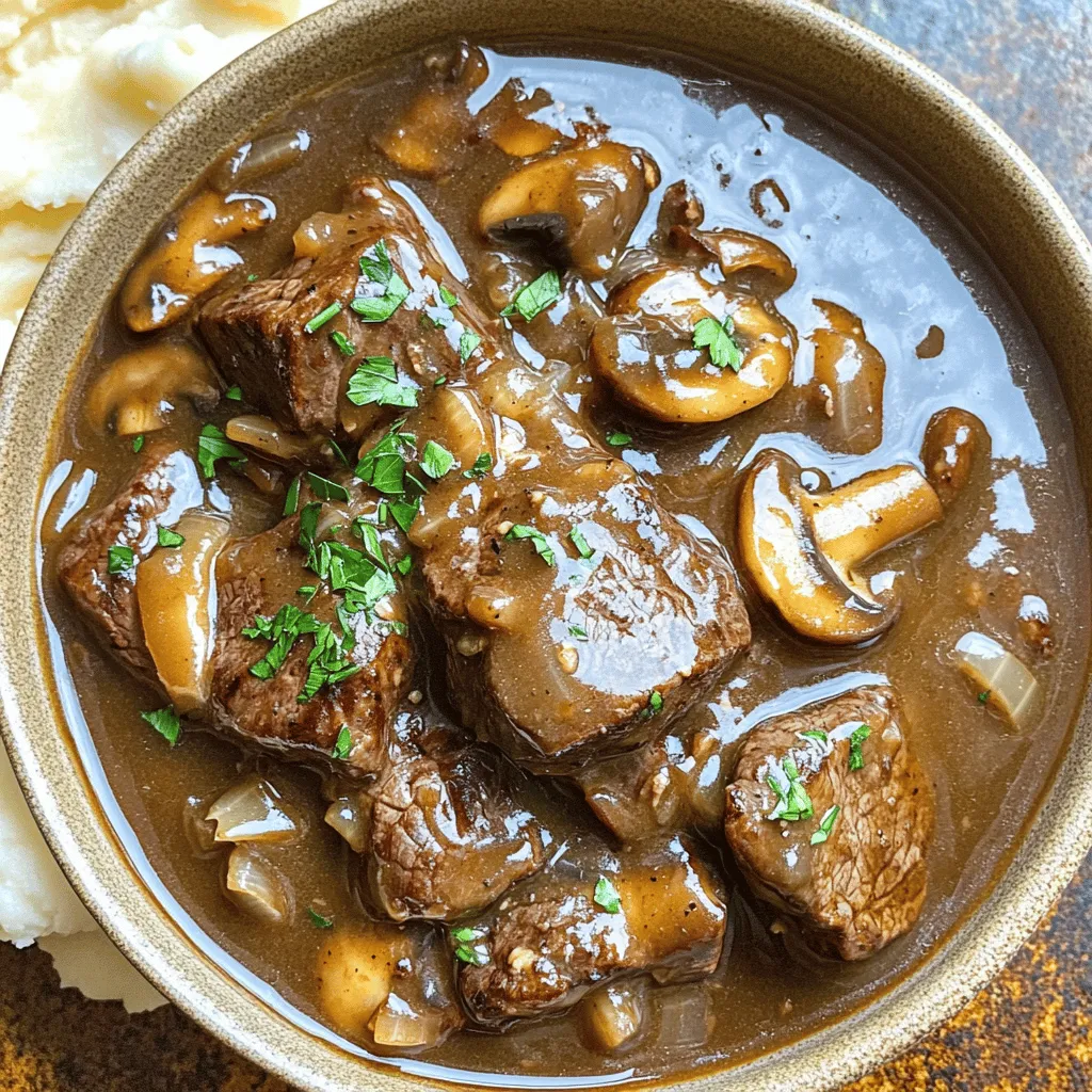 To make tender beef tips with gravy, you need key ingredients. Start with beef sirloin or tenderloin. These cuts are lean and cook up nice and tender. You should cut the beef into 1-inch cubes for even cooking.