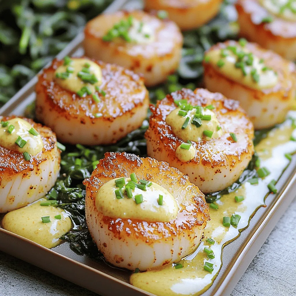 To make Cajun seared scallops with spicy mustard cream, you need: - 1 lb sea scallops, patted dry - 2 tablespoons Cajun seasoning - 2 tablespoons olive oil - Salt and pepper to taste - 1 cup heavy cream - 2 tablespoons Dijon mustard - 1 tablespoon honey - 1 teaspoon lemon juice - Fresh chives, chopped (for garnish)