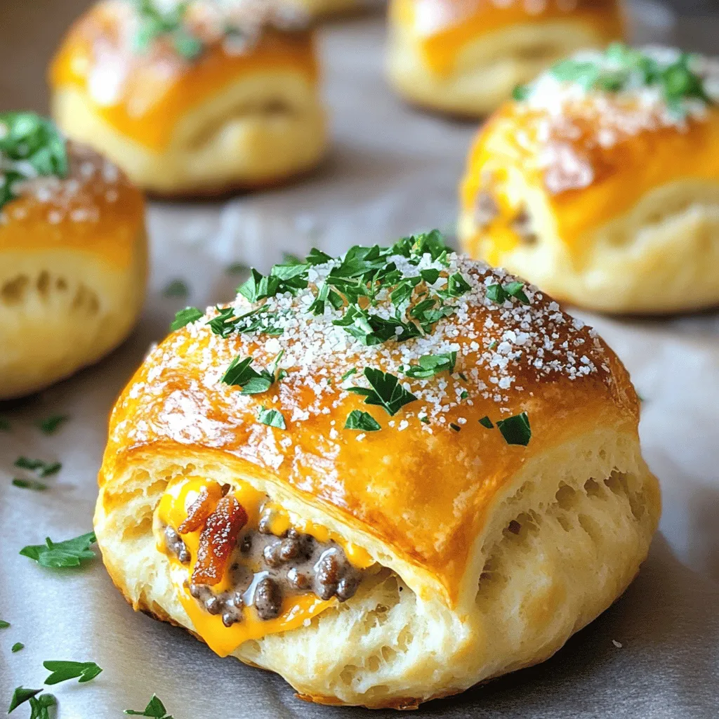 Garlic Parmesan Bacon Cheeseburger Bombs are tasty bites packed with flavor. They mix juicy beef, creamy cheese, and crispy bacon. Each bomb is wrapped in soft, buttery biscuit dough. This makes them warm and satisfying.