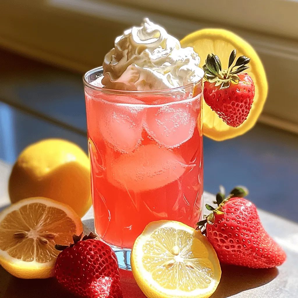 To make whipped pink lemonade, gather your ingredients first. You need fresh lemon juice, sugar, cold water, strawberries, heavy cream, and vanilla. These whipped pink lemonade ingredients create a sweet and tangy drink.
