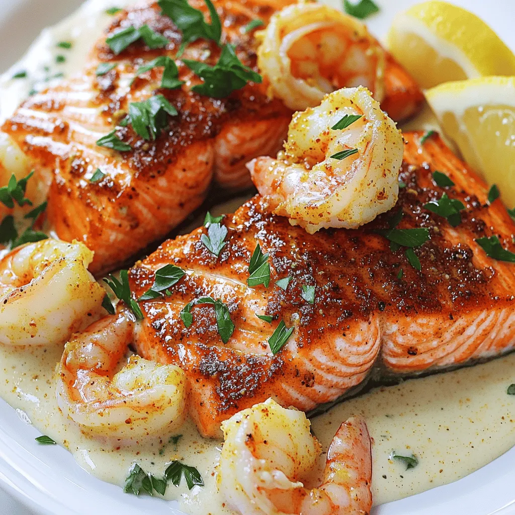 The key ingredients for Cajun shrimp and salmon with garlic cream include large shrimp, salmon fillets, Cajun seasoning, garlic, and heavy cream. Each ingredient plays a big part in creating rich flavors.