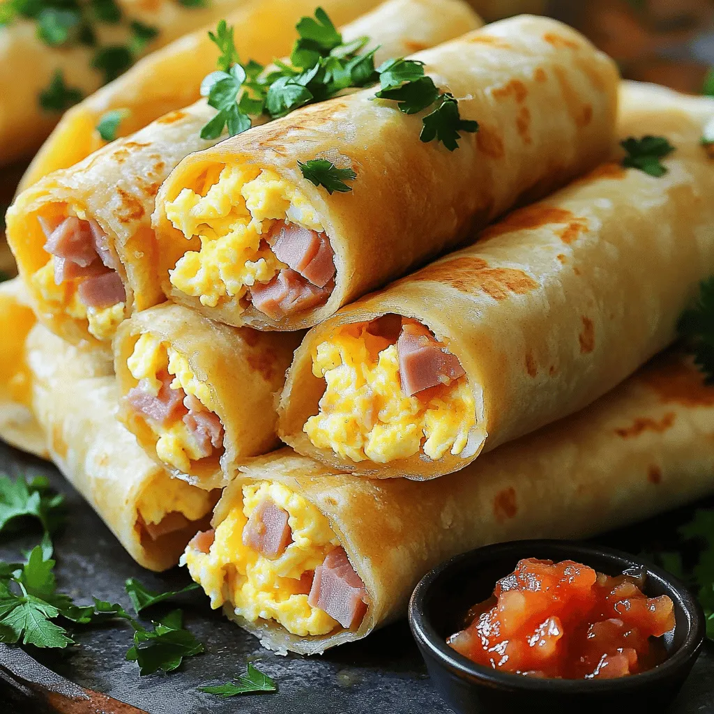 - 6 large eggs - 1 cup diced ham - 1 cup shredded cheddar cheese - 1/2 cup milk - 1/4 teaspoon black pepper - 1/4 teaspoon garlic powder - 1 tablespoon olive oil - 4 large flour tortillas - Fresh parsley for garnish (optional)