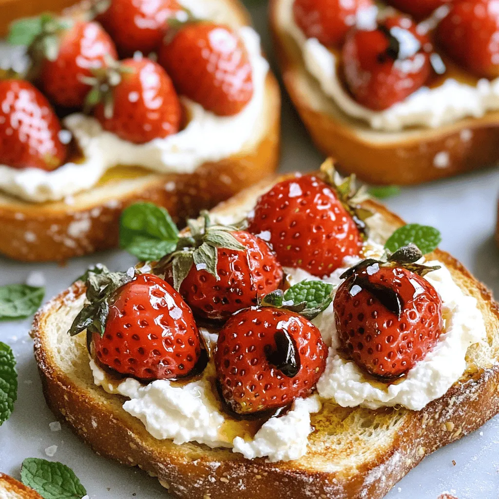 - Fresh strawberries (1 cup, hulled and halved) - Honey (1 tablespoon) - Balsamic vinegar (1 teaspoon) - Ricotta cheese (1 cup) - Powdered sugar (2 tablespoons) - Vanilla extract (1 teaspoon) - Rustic bread (4 slices, such as sourdough or ciabatta) - Olive oil (2 tablespoons) - Sea salt (to taste) - Fresh mint leaves (for garnish, optional)