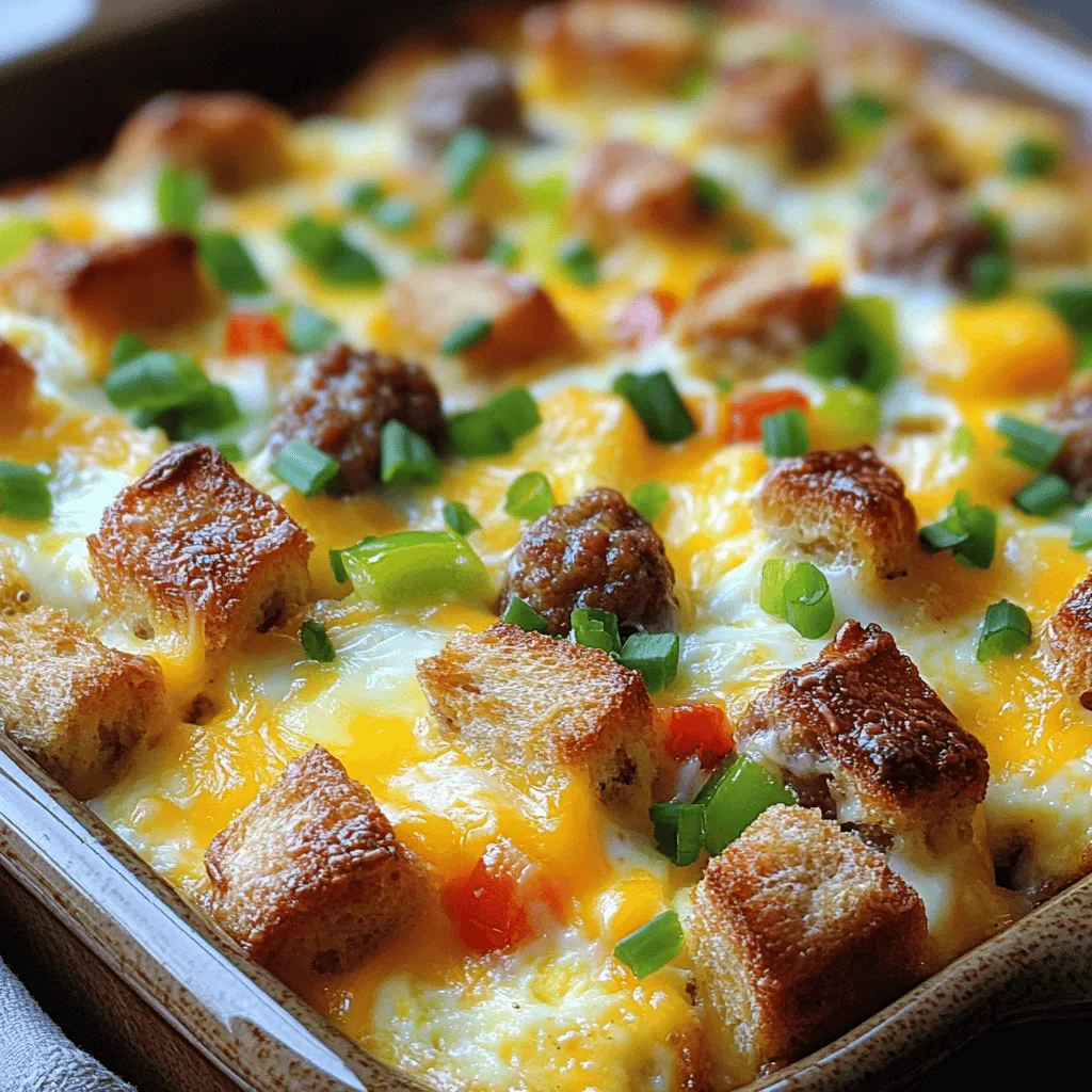 - 1 pound breakfast sausage, crumbled - 6 large eggs - 2 cups shredded cheddar cheese - 2 cups milk - 1 teaspoon garlic powder - 1 teaspoon onion powder - 1/2 teaspoon black pepper - 1/2 teaspoon salt - 1 loaf of French bread, cubed (about 8 cups) - 1 cup diced bell peppers (mix of colors) - 1/2 cup chopped green onions - Cooking spray or butter for greasing