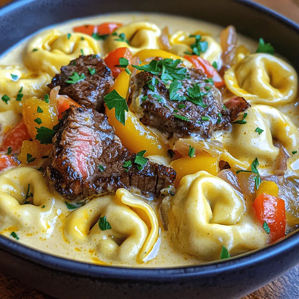To make savory cheesesteak tortellini, you need simple and fresh ingredients. For this dish, gather 12 ounces of cheese tortellini, one pound of flank steak, and one tablespoon of olive oil. You also need a medium onion, a bell pepper, three cloves of garlic, and one cup of beef broth. The creamy base comes from one cup of heavy cream and one and a half cups of provolone cheese. Lastly, Worcestershire sauce and salt and pepper will add flavor.
