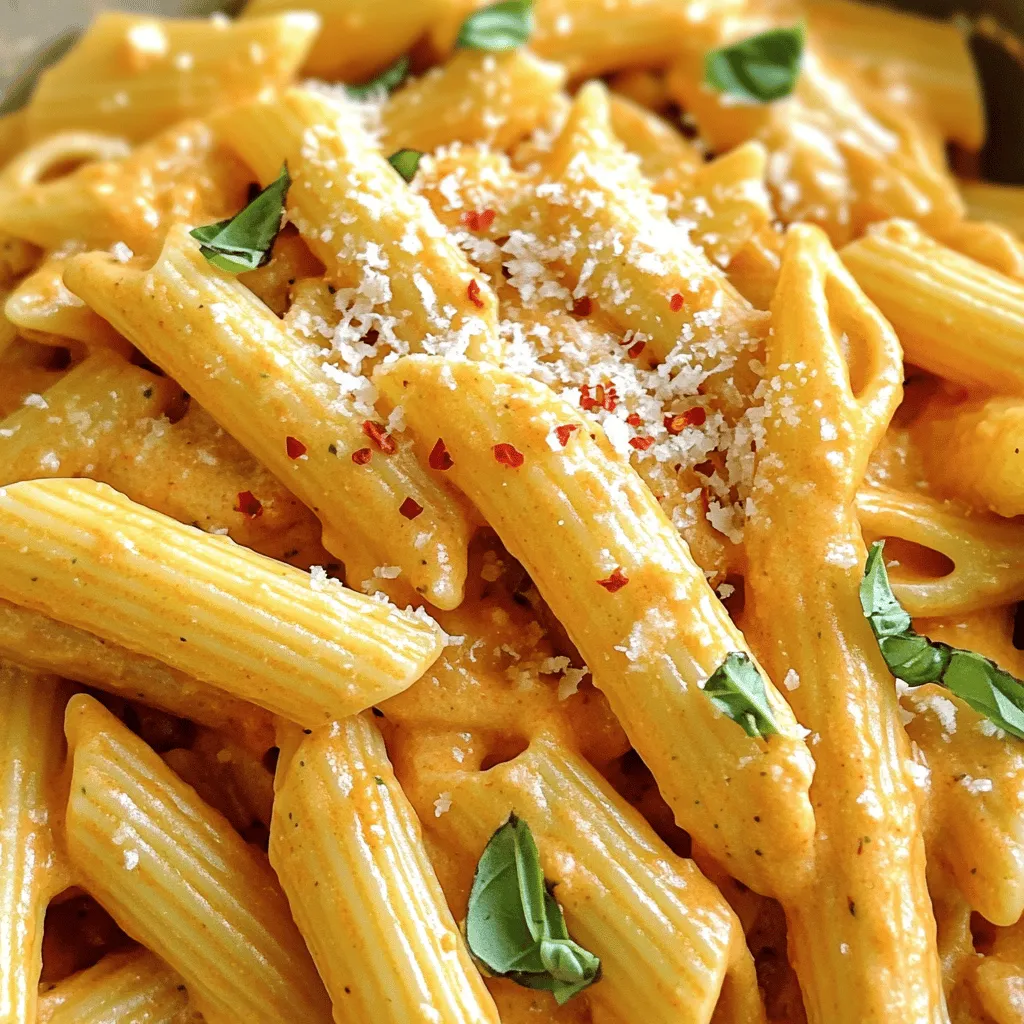 - 12 oz penne pasta - 2 tablespoons olive oil - 3 cloves garlic, minced - 1 can (14 oz) crushed tomatoes - 1 cup heavy cream - 1 tablespoon tomato paste - 1 teaspoon red pepper flakes - 1 cup fresh basil leaves, chopped - 1 teaspoon sugar - Salt and pepper to taste - Grated Parmesan cheese for serving