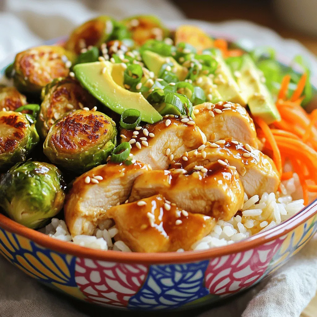 To make teriyaki chicken bowls, you need simple, fresh ingredients. The main items are chicken breasts and teriyaki sauce. You can use store-bought sauce or make your own. You will also need Brussels sprouts, olive oil, jasmine rice, and some seasonings.