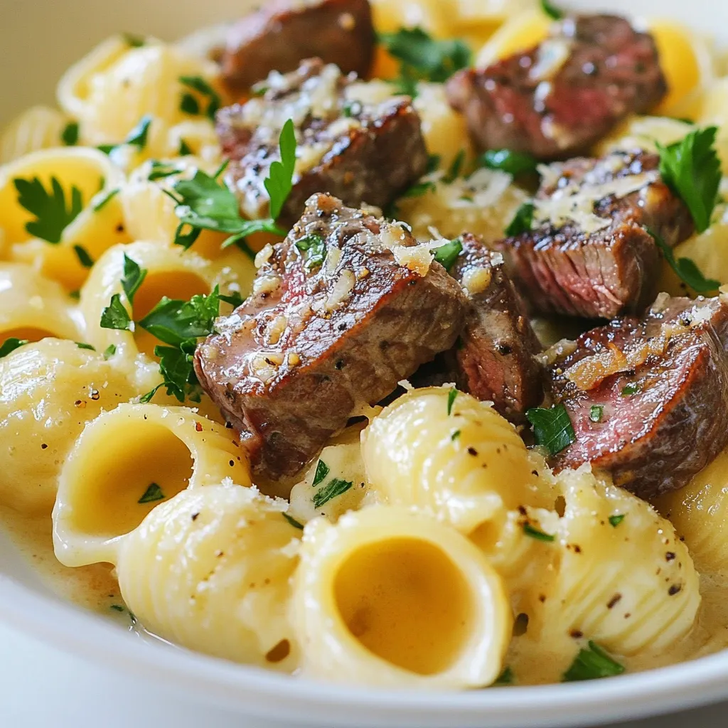 Steak Bites Shell Pasta Alfredo Creamy Delight Recipe