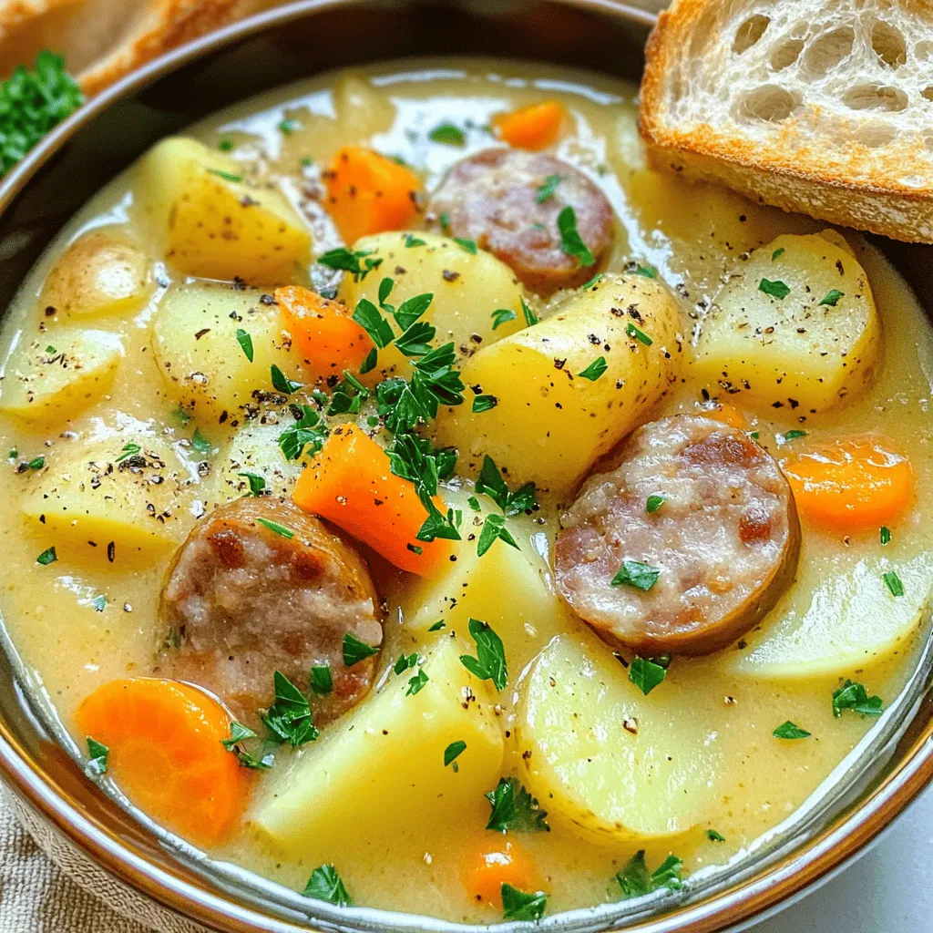 To make a tasty Slow Cooker German Potato Soup with Sausages, you need simple ingredients. The base of this hearty soup is potatoes. You need about four cups of peeled and diced potatoes. They add great texture and flavor.